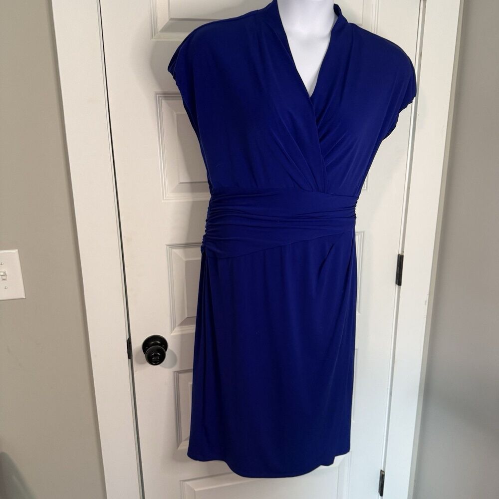 Suzi Chin for Maggy Boutique Faux Wrap Dress Size 16 V-Neck Navy Blue V-Neck